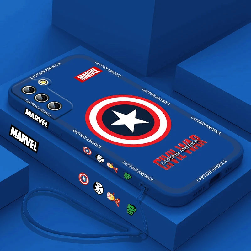 Captain America Shield Logo Phone Case For Samsung Galaxy S24 S23 S22 S21 S20 Pro FE Plus Ultra Liquid Left Rope Cover