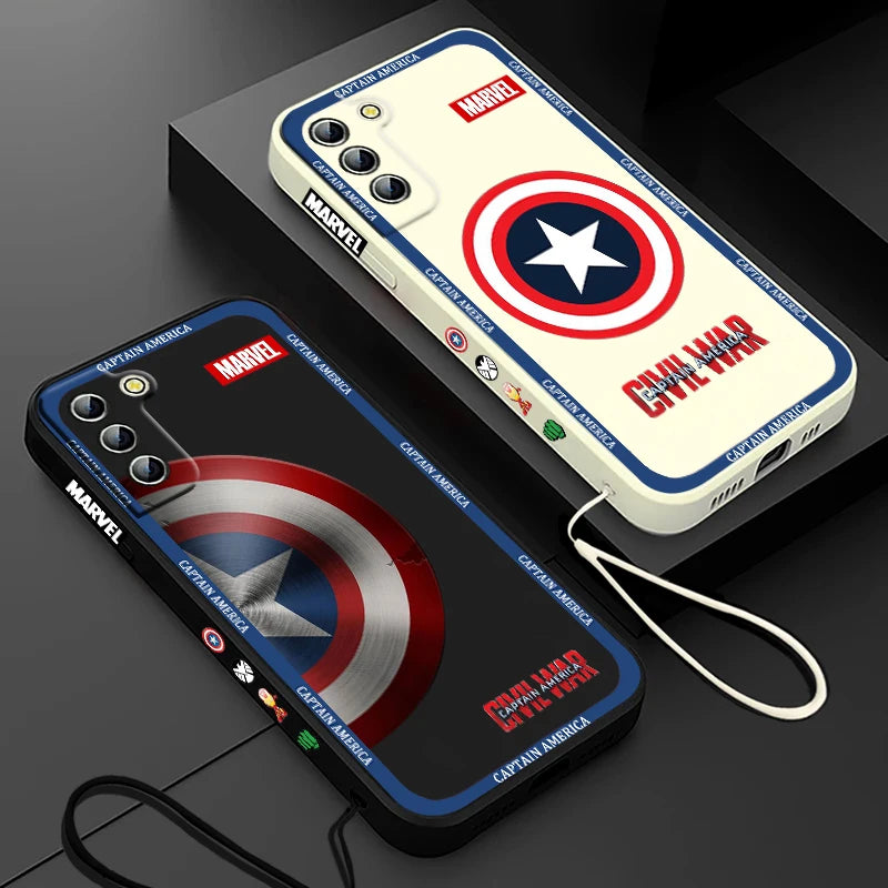 Captain America Shield Logo Phone Case For Samsung Galaxy S24 S23 S22 S21 S20 Pro FE Plus Ultra Liquid Left Rope Cover