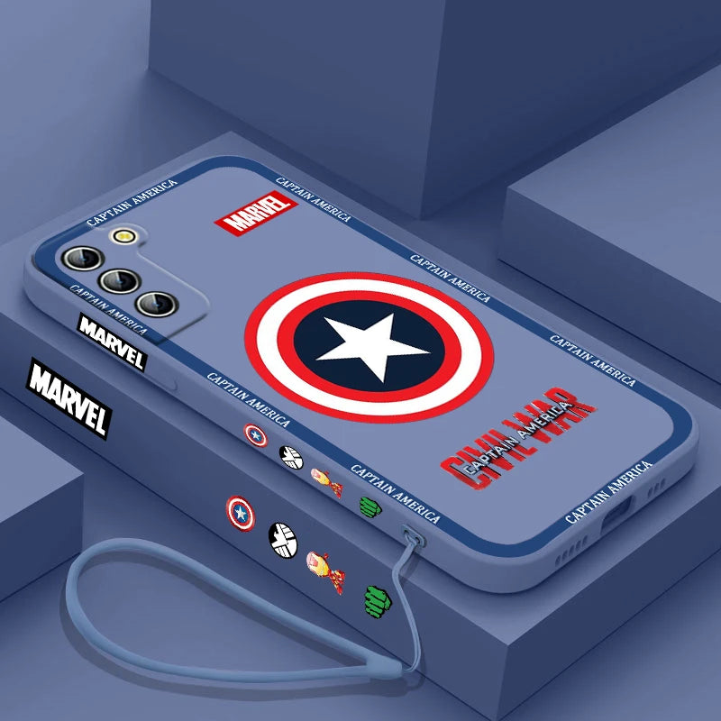 Captain America Shield Logo Phone Case For Samsung Galaxy S24 S23 S22 S21 S20 Pro FE Plus Ultra Liquid Left Rope Cover