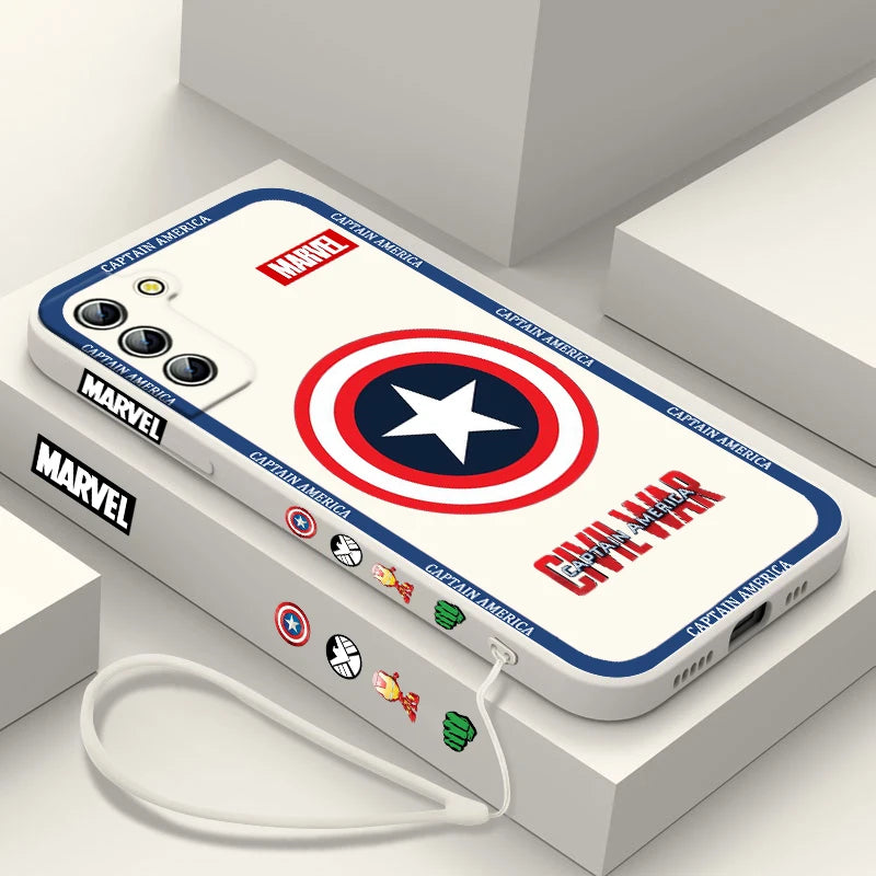 Captain America Shield Logo Phone Case For Samsung Galaxy S24 S23 S22 S21 S20 Pro FE Plus Ultra Liquid Left Rope Cover