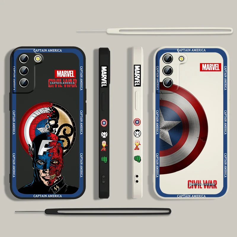 Captain America Shield Logo Phone Case For Samsung Galaxy S24 S23 S22 S21 S20 Pro FE Plus Ultra Liquid Left Rope Cover